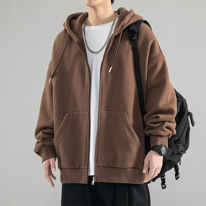 New Men's Jacket Sweatshirt Autumn Casual Solid Zipper Pocket Hoodie Loose All-match Trend Tracksuit Cardigan Oversize Top