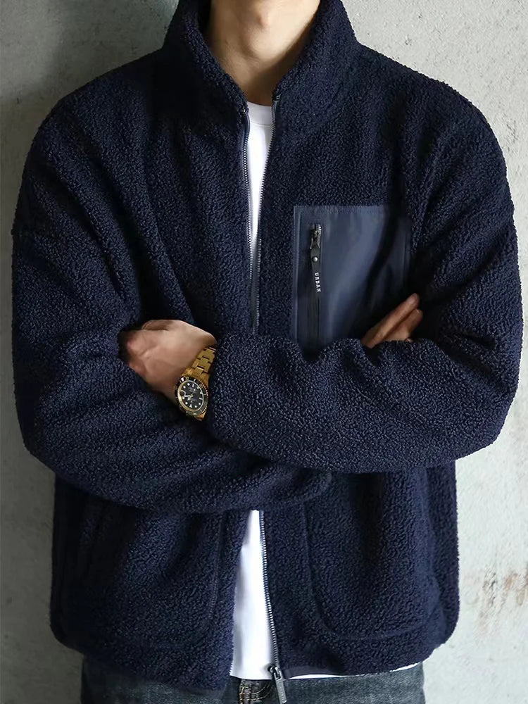 saferido New Men's Winter Jacket Korean Fashion Stand Collar Zip Pockets Thicken Fleece Lined Warm Coat