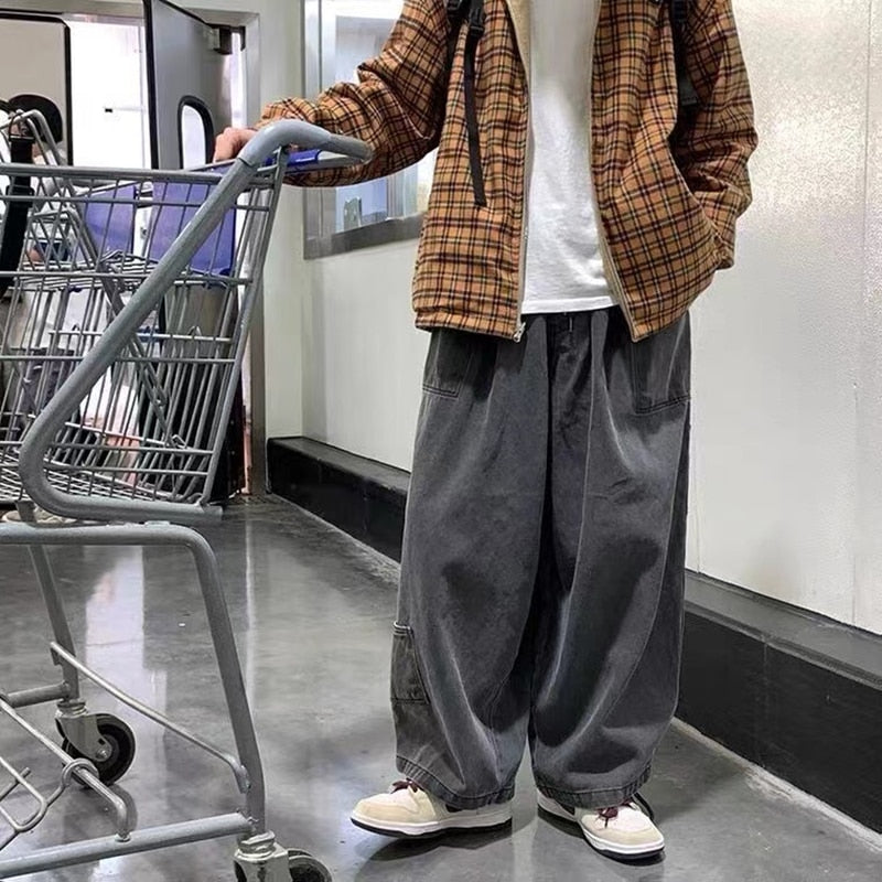 Streetwear multi-pocket jeans cargo pantsLoose Plus Size Wide Leg Pants Japanese Harajuku Casual Denim Pants Men Clothing