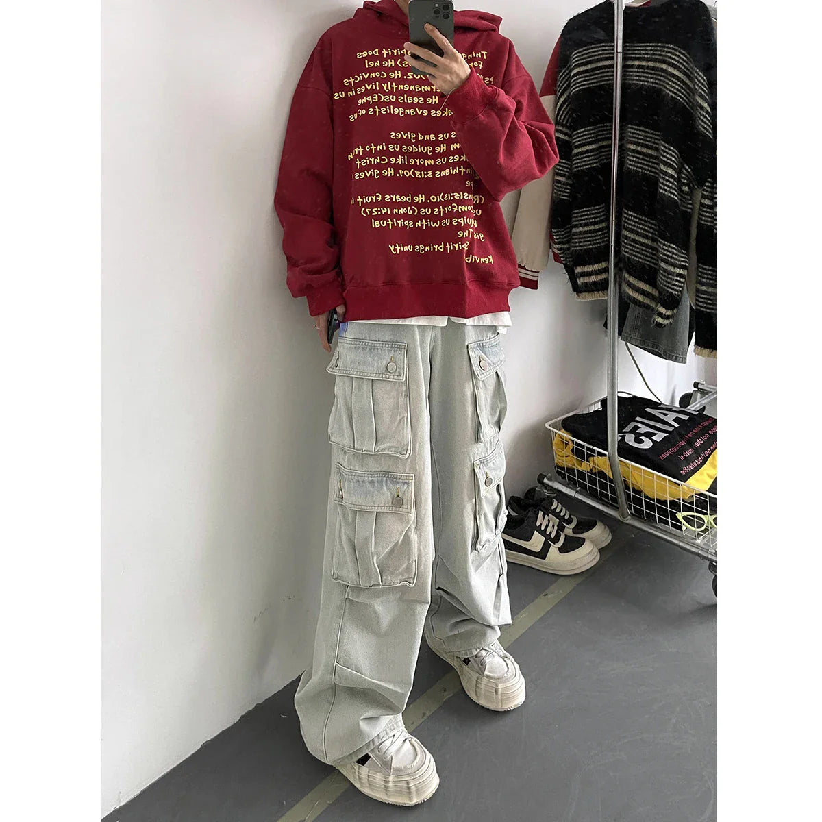 Light Blue Cargo Jeans Men's Patchwork Straight Casual Trousers Men Muti-pockets Hip Hop Streetwear Loose Fashion Pants
