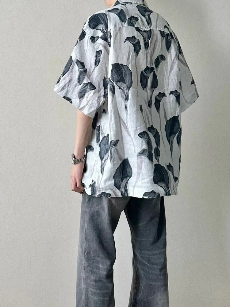saferido Men's Shirts Y2k Print Vintage Handsome Korean Beach Style Hawaiian Single Breasted Vocation Baggy All-match Summer Short Sleeve