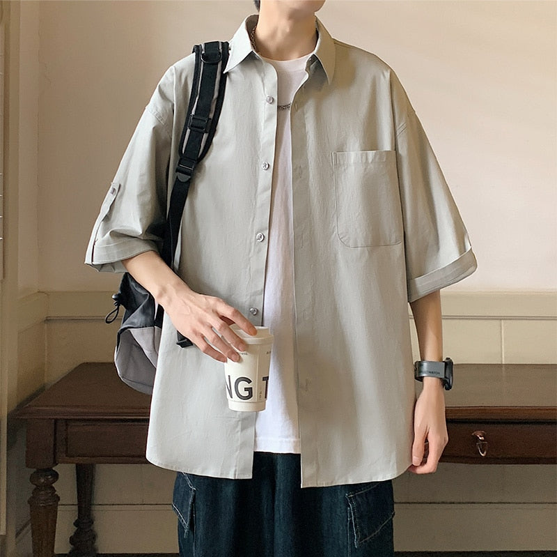 Spring/Summer Men's Shirt Japanese Solid Color Shirt Short Sleeve Men's Summer Half Sleeve Top Coat Trendy Hong Kong Style Shirt