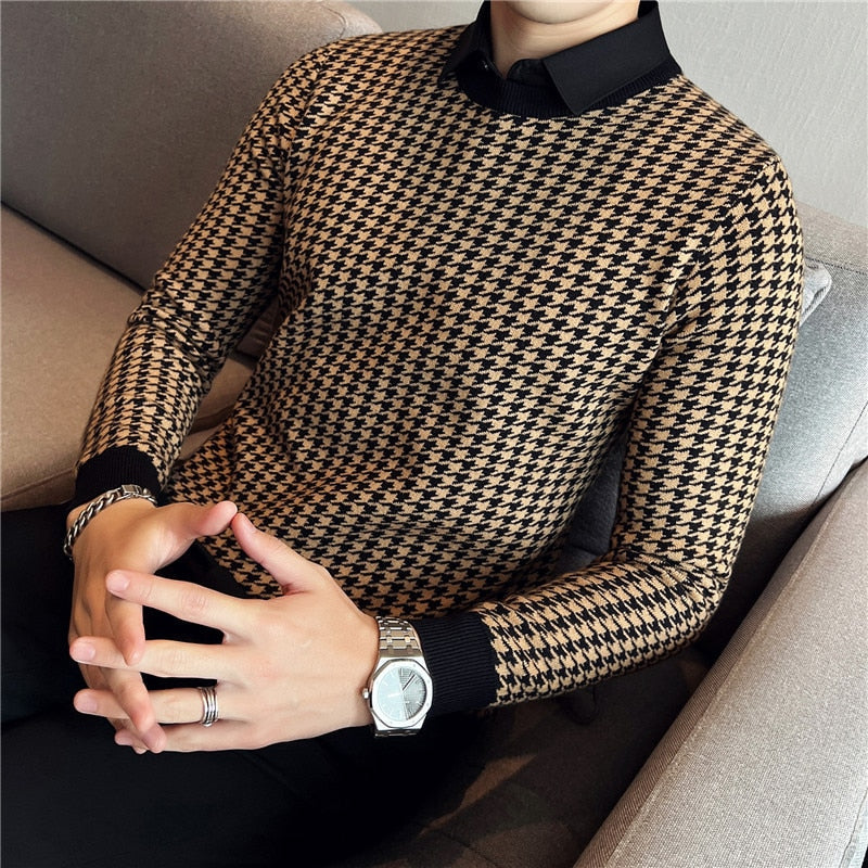 Brand Clothing Men Winter Thermal Knitting Sweater/Male Slim Fit High Quality Shirt Collar Fake two Piece Pullover Sweatres