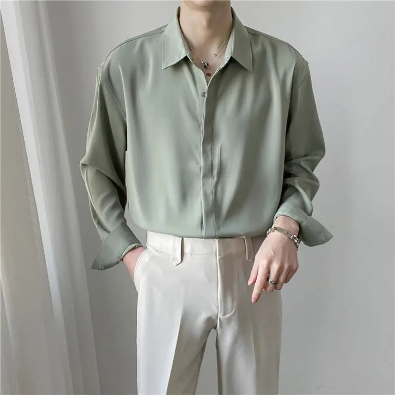 Korean Clothes Loose Solid Color Long Sleeve Button Up Shirts for Men Fashion Designer Autumn Trend Silk Drape Business Shirt