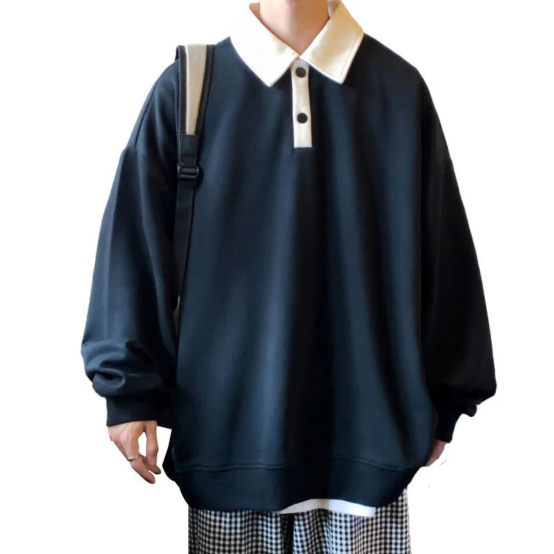 Autumn Lapel Hoodie Men Fashion Black Green Casual Oversized Sweatshirt Men Streetwear Hip Hop Loose Pullover Hoodies Mens Hoody