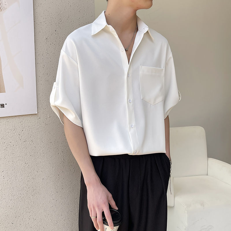 Short Sleeve Shirt Men Korean Fashion Half-sleeved Shirt Handsome Summer Lapel Solid Color Casual Ice Silk High Quality Top