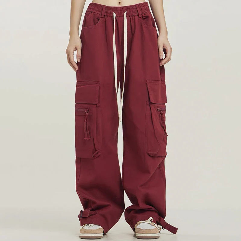 saferido Y2K Red Cargo Pants for Men Harajuku Black Trousers Male Streetwear Hip Hop Pocket Loose Casual American Safari Style
