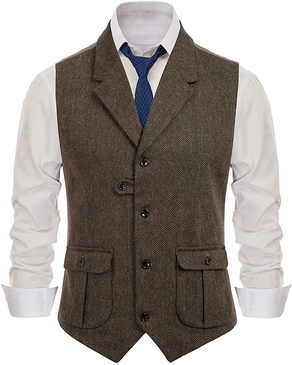 Herringbone Men's Vests Casual Suit Vest Notch Lapel with Two Pockets Herringbone Waistcoat for Wedding Groomsmen Men Vest
