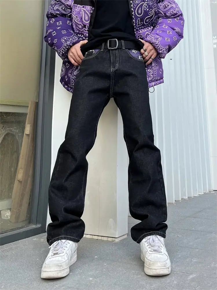 saferido Men's Y2k Jeans Cashew Flowers Purple Streetwear Casual Pants Punk Hip Hop Letter Print Baggy Harajuku Straight Denim Trousers