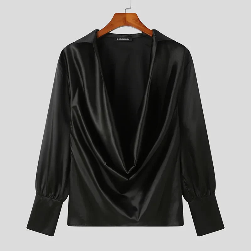 Men Shirt Solid Color V Neck Long Sleeve Satin Male Irregular Shirts Loose Streetwear Fashion Casual Camisas S-5XL INCERUN