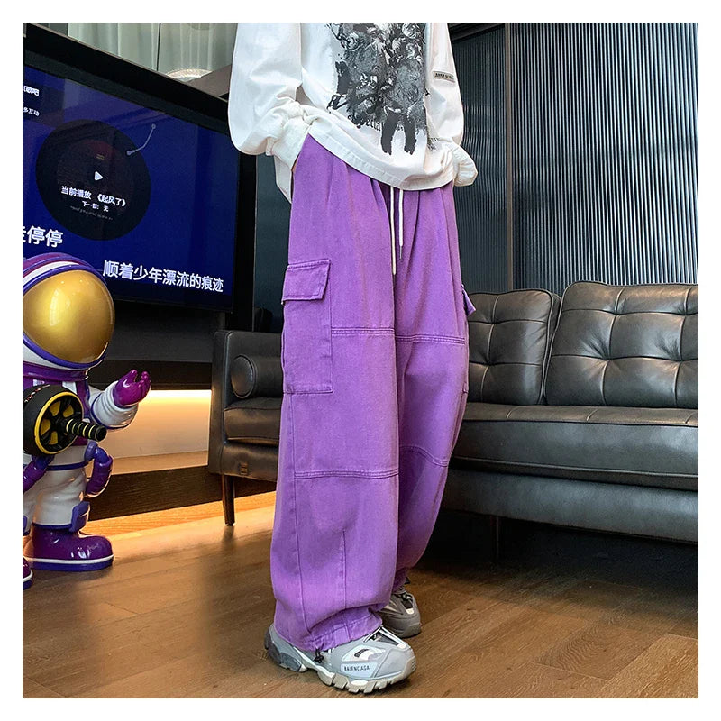 saferido Multi-Pocket Washed Cargo Pants Men Women Y2K Vintage Streetwear Loose Oversized Straight Wide-Leg Jeans Dark Green/Purple