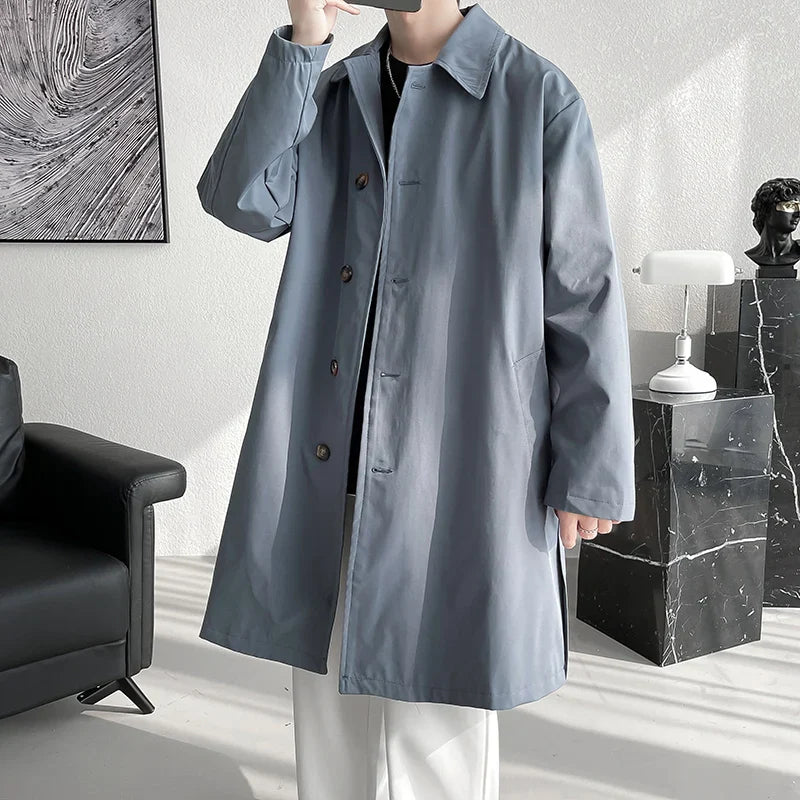 Men's Trench Coat Fashion long Windbreaker Men Solid Color Single Breasted Loose Casual Trench Man Streetwear Plus Size M-5XL
