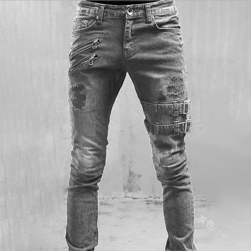 Straight Jeans Men Punk Skinny Denim Pants Spring Summer Boyfriend Jeans Streetwear Zipper Slim Fit Black Goth Trousers