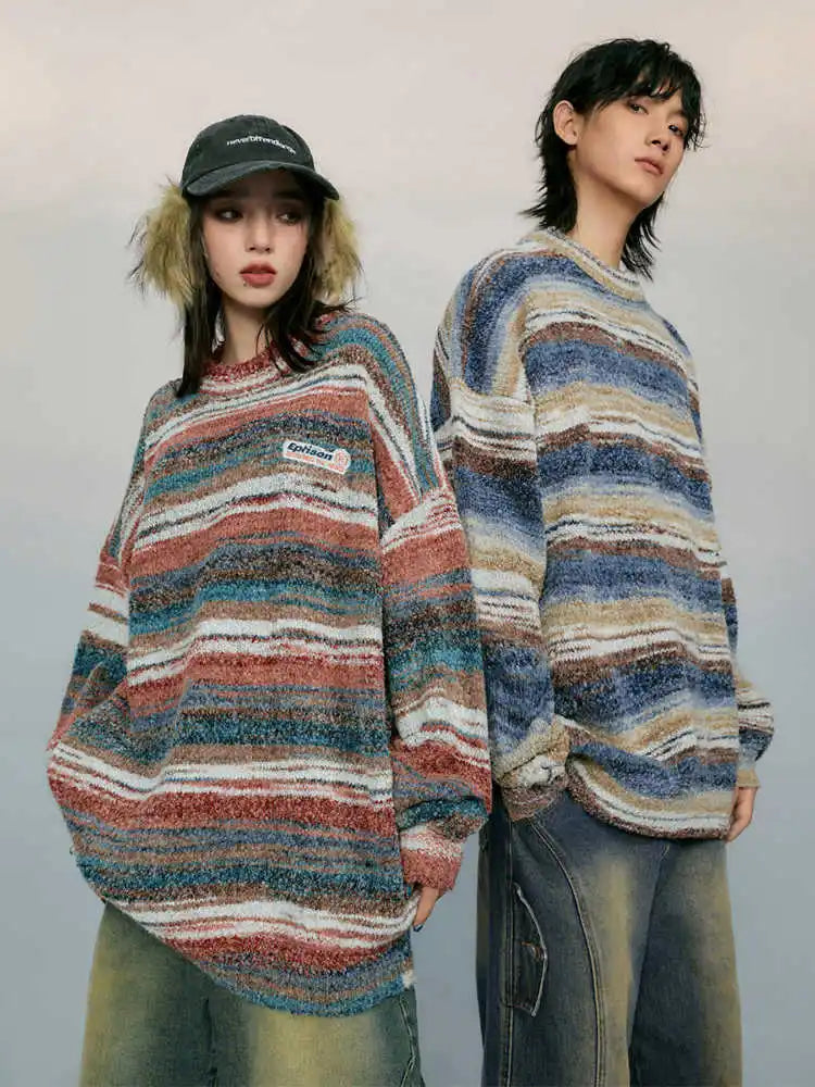 saferido Striped Knitted Sweater Coat Men Japanese Y2K Oversize Casual Autumn Winter Loose O-neck Pullovers for Man Streetwear