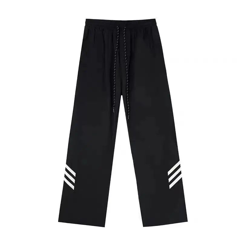 saferido American Trendy Vintage Summer Loose Sports Wide Leg Pants Men Pocket Striped Elastic Wait Drawstring Casual Straight Trousers