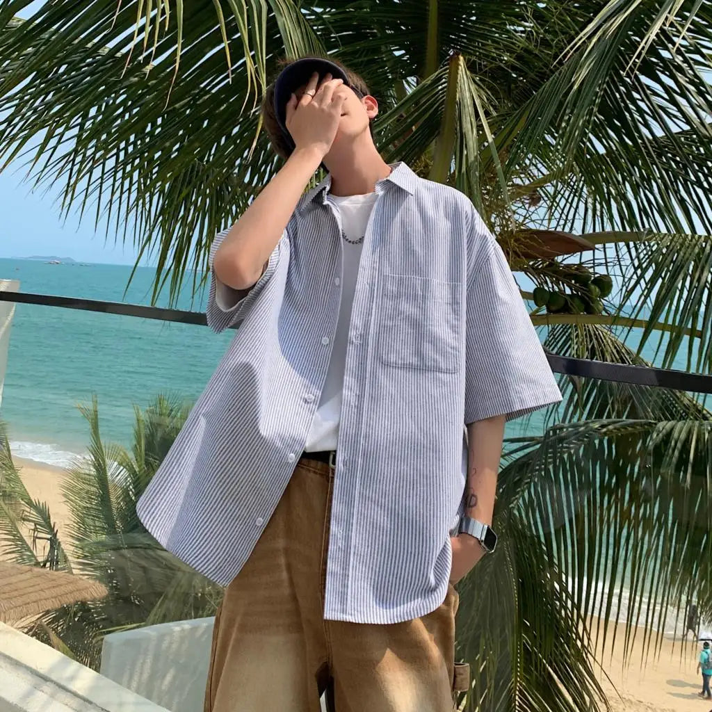 saferido -Youth Korean Fashions Cotton Striped Shirts Oversized Vintage Button Up Shirts Japanese Casual Short Sleeve Shirts
