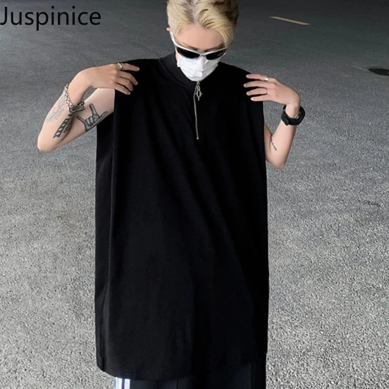 saferido American Cotton Half-zip Vest Couple Niche Shoulder Pads Loose Casual High Street Sleeveless T-shirts Men Tops Male Clothes