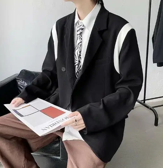 New Men's Black White Stitching Color Long Sleeves Casual Cotton Line Fashion Loose One Button Suit Jacket Coat