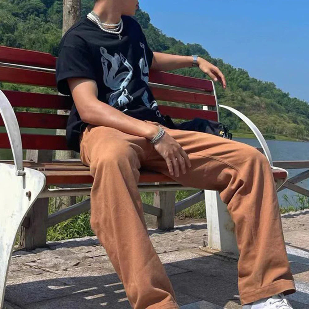 saferido Men's Casual T-Shirt Fashionable Trendy Hip-Hop High Street Y2k Retro Snake Pattern Loose Cotton Top 2024 Spring And Summer