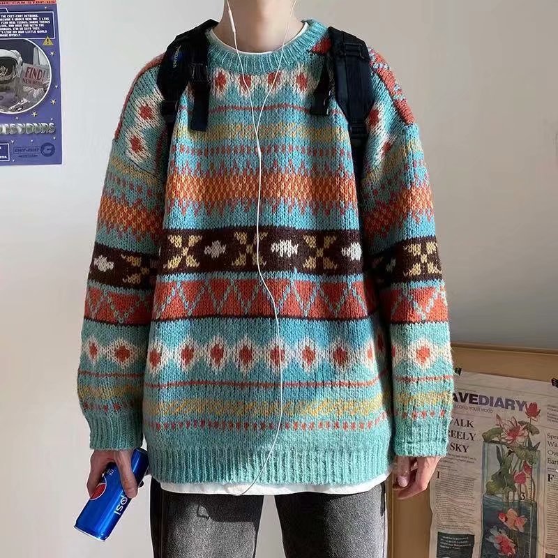 Men's Knitted Vintage Graphic Sweater with Pattern Brown Blue Pullovers Sweaters and Jumpers Korean Streetwear Harajuku