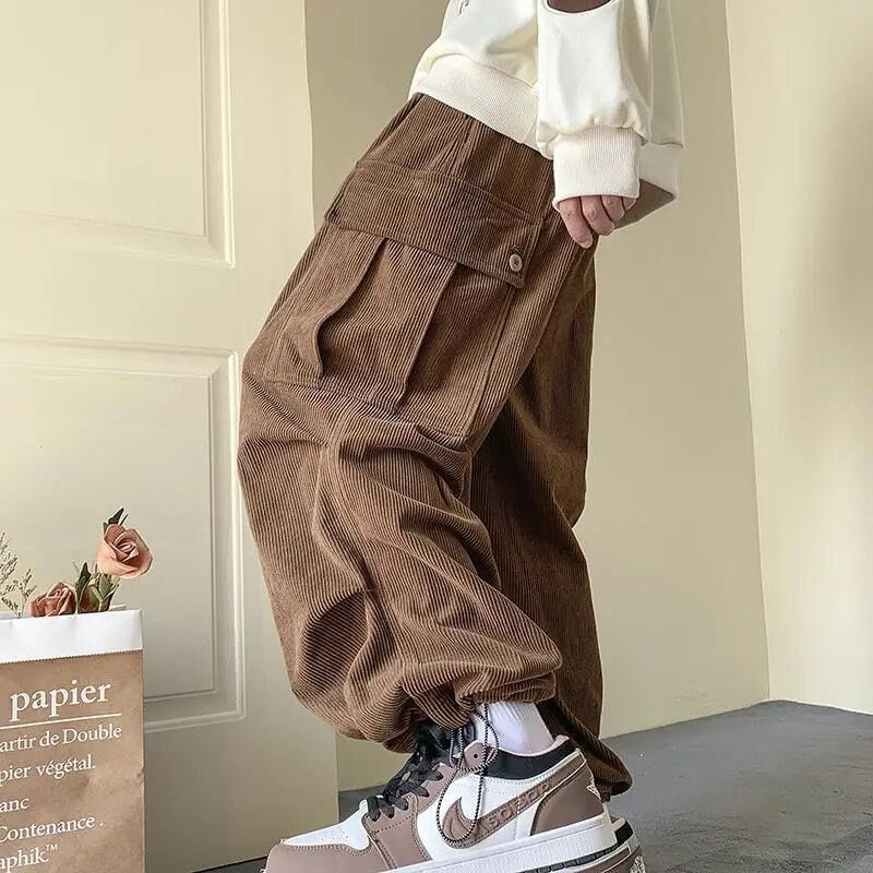 Corduroy Cargo Pants for Men Streetwear Black Cargo Trousers Male Joggers Hip Hop Green Black Japanese Pocket Korean