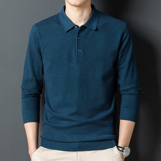 Autumn New Men's Solid Color Lapel Wool Sweater Classic Style Business Long Sleeve Thin Knit Sweater Male Brand Clothes