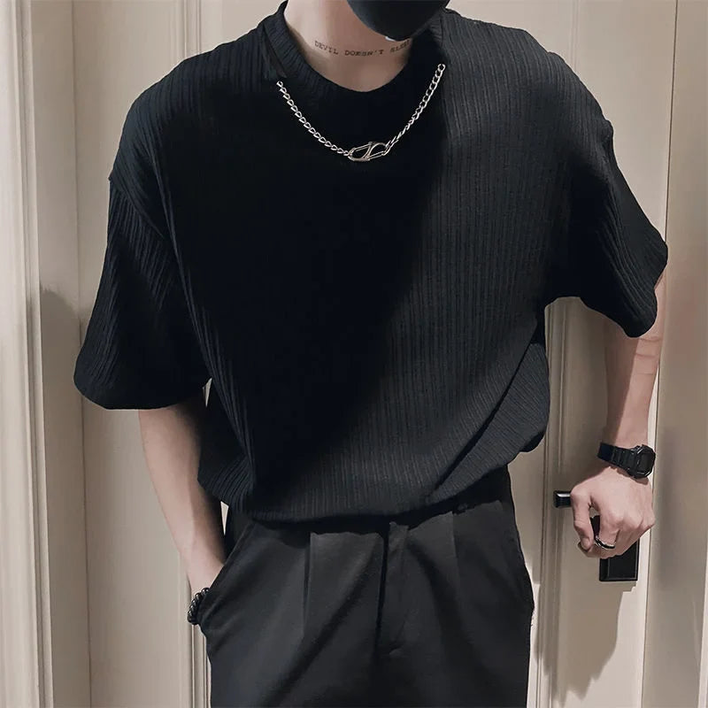 saferido Korean Style Summer Men's Silk Fabric Social T Shirts Removable Necklace Short Sleeve T-shirt Hip Hop Style Top Tshirts