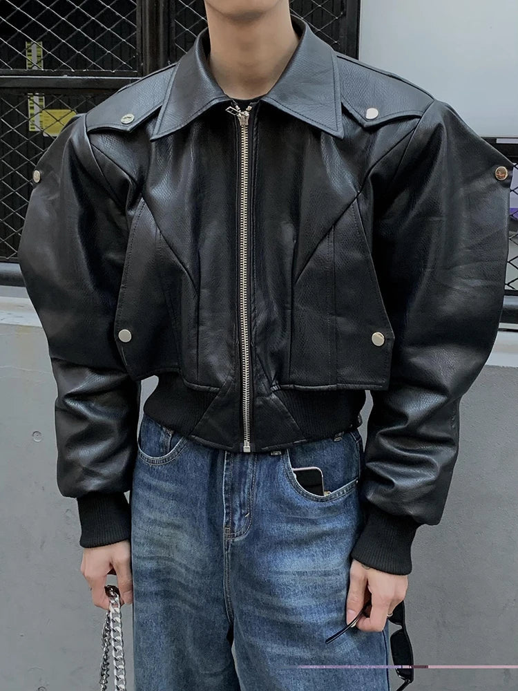 saferido Spring Autumn Cool Waterproof Black Pu Leather Jacket Men Shoulder Pads Long Sleeve Zipper Luxury Designer Clothes