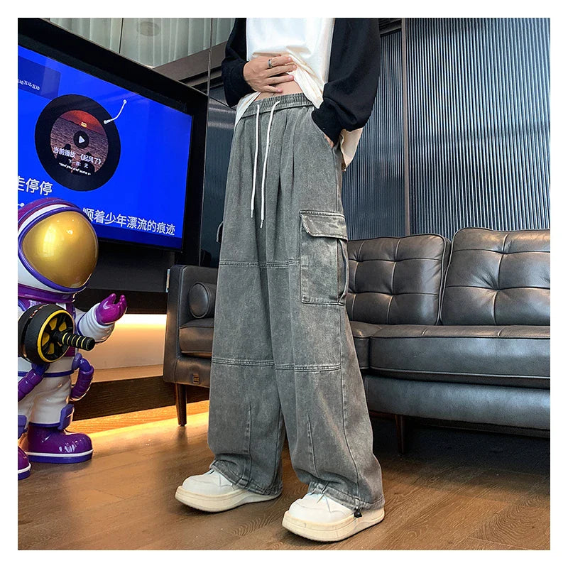 saferido Multi-Pocket Washed Cargo Pants Men Women Y2K Vintage Streetwear Loose Oversized Straight Wide-Leg Jeans Dark Green/Purple