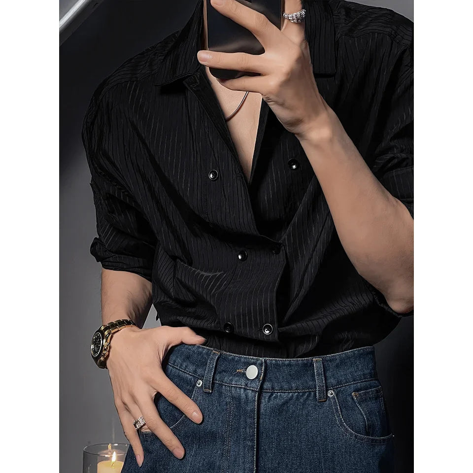 High-end Simple Striped Double Breasted Shirt for Men Autumn New Korean Style Trendy Solid Color Long Sleeves Men's Social Shirt
