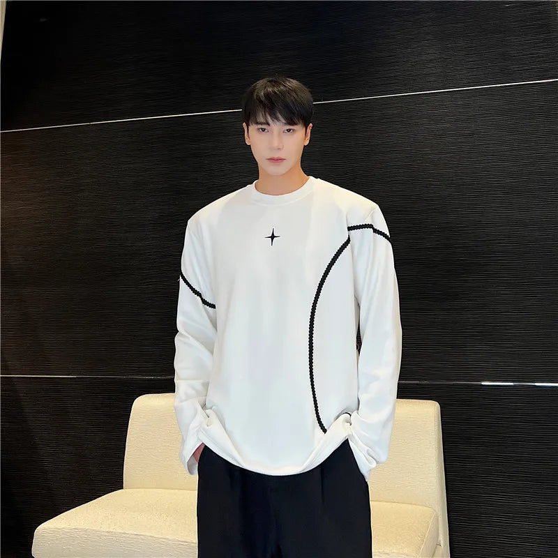 saferido harajuku Spring Autumn Men Clothing Long Sleeve Embroidery Shoulder Pad T-shirt Round Collar Casual T Shirts Tops For Male