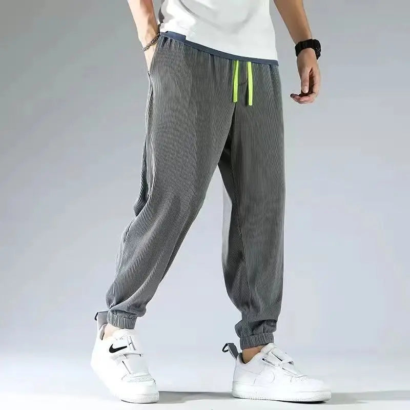 saferido Summer Thin Ice Silk Straight Loose Casual Pants Men Solid Korean Elastic Waist Drawstring Patchwork Pocket Wide Leg Trousers