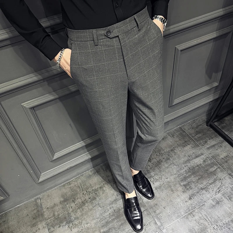 saferido Men Slim British Style Suits Pants Business Casual Trousers Male Solid Fit Trousers High Quality Man Formal Wear Plaid 36 38