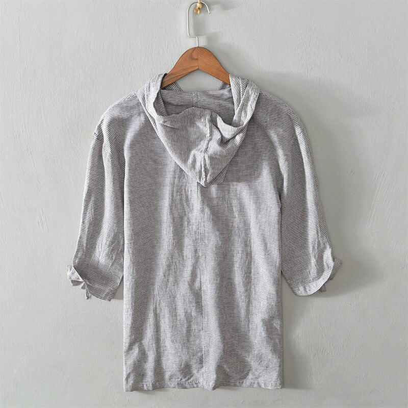 Summer Fashion Men Shirts Short Sleeve Vintage Casual Cotton Linen Shirt Men Tee Stripe Designer Pullover Hooded T-Shirt Hombre