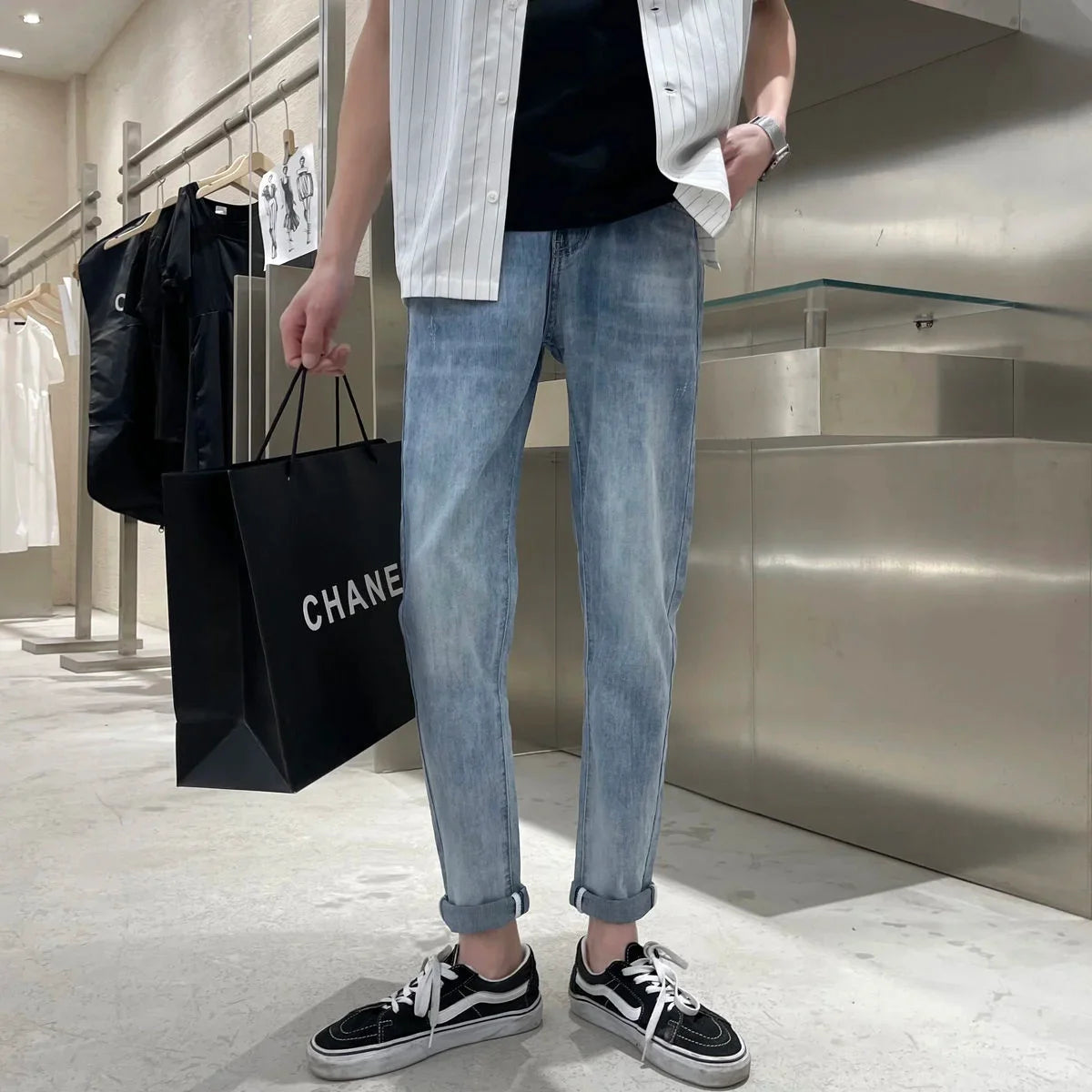 saferido Simple Blue Washed Jeans Men's Casual All-match Fashion Slim Pencil Pants Wear-resistant Spring Summer Stretch Denim Pants Thin