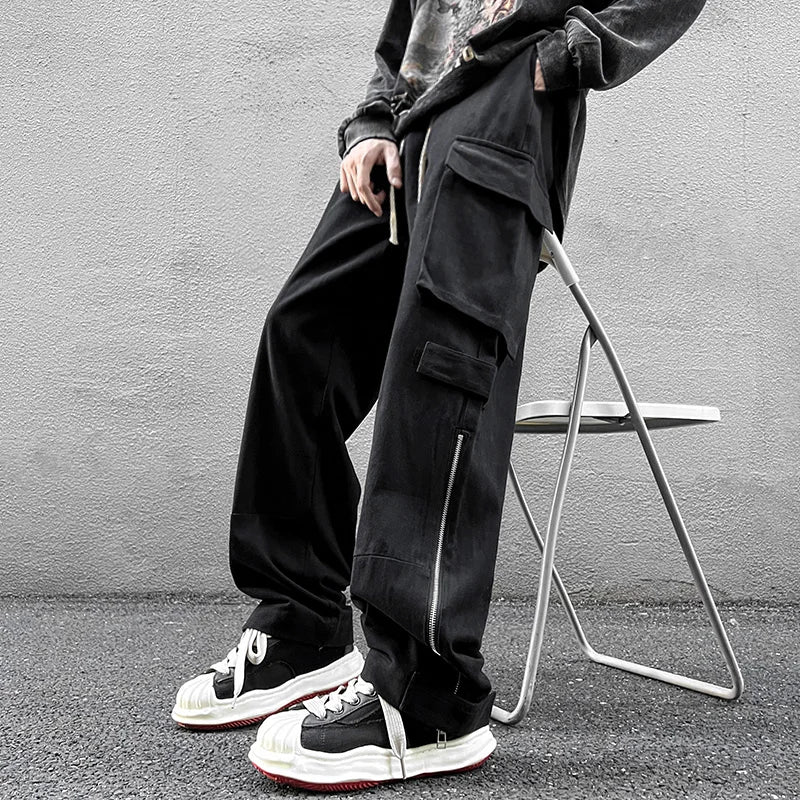 saferido American straight tube workwear pants for men, autumn trendy high street logging wide leg pants ruffled and handsome loose