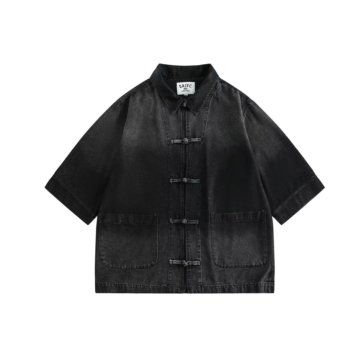 Ancient Style Denim Shirt Mens Halo Dyed Washed Single Breasted Short Sleeved Jacket Lapel Collar Fashion Tops Male High Quality