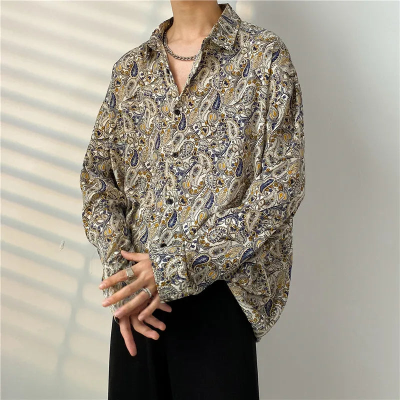 saferido Spring Summer New Cashew Flower Print Shirt Korean style Loose Casual Long-sleeved Tee Tops All-Match Blouse Men