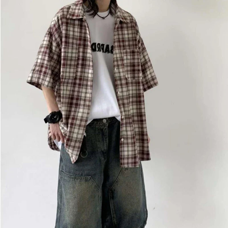 Summer Retro Men Set Checkered Fashion Short Sleeved Shirt+Big Pocket Washed Denim Shorts 2-piece High Street Trendy Unisex Suit