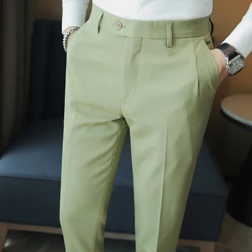 saferido Men Spring Summer Belt Decoration Casual Ankle Length Pants Fashion Slim Fit Suit Pants Streetwear Social Business Trousers