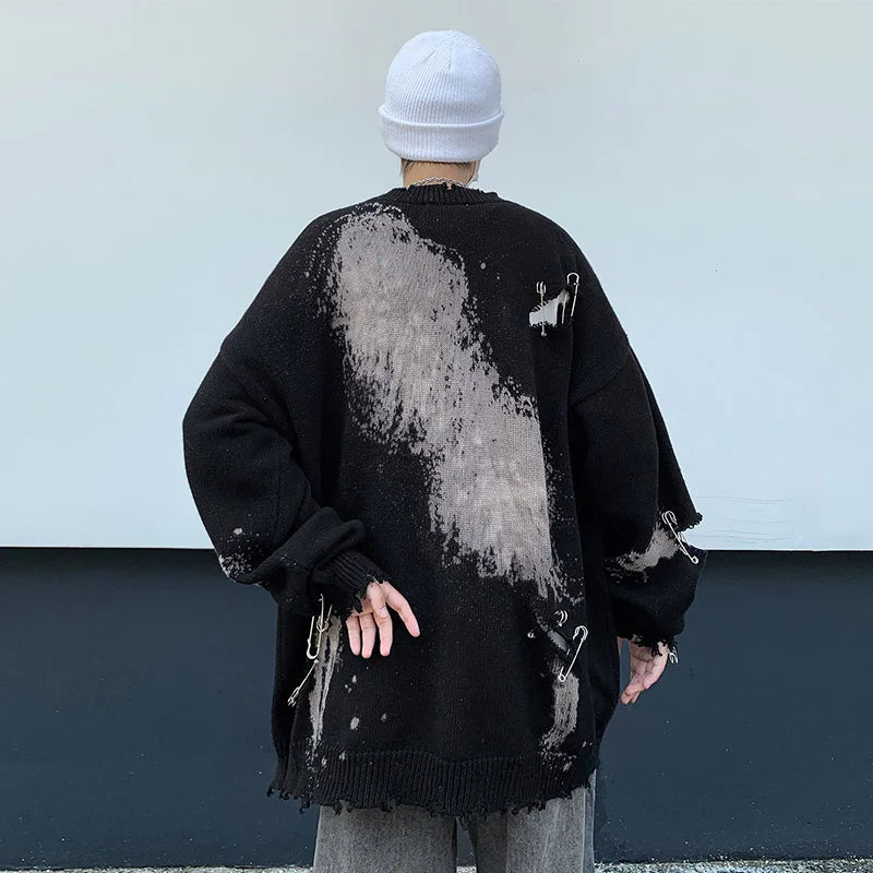 saferido Spring Autumn Men's New Round Neck Loose Pullovers Male Oversize Hole Sweater Tops Men Long Sleeve Knitted Tops S844