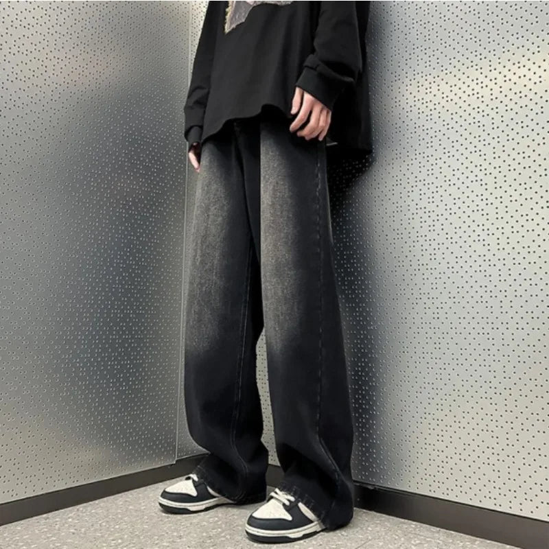 saferido Vintage Men Straight Leg Jeans Korean Student Handsome Casual Pants High Street Loose Wide Leg Jeans Vintage Blue Baggy Jeans