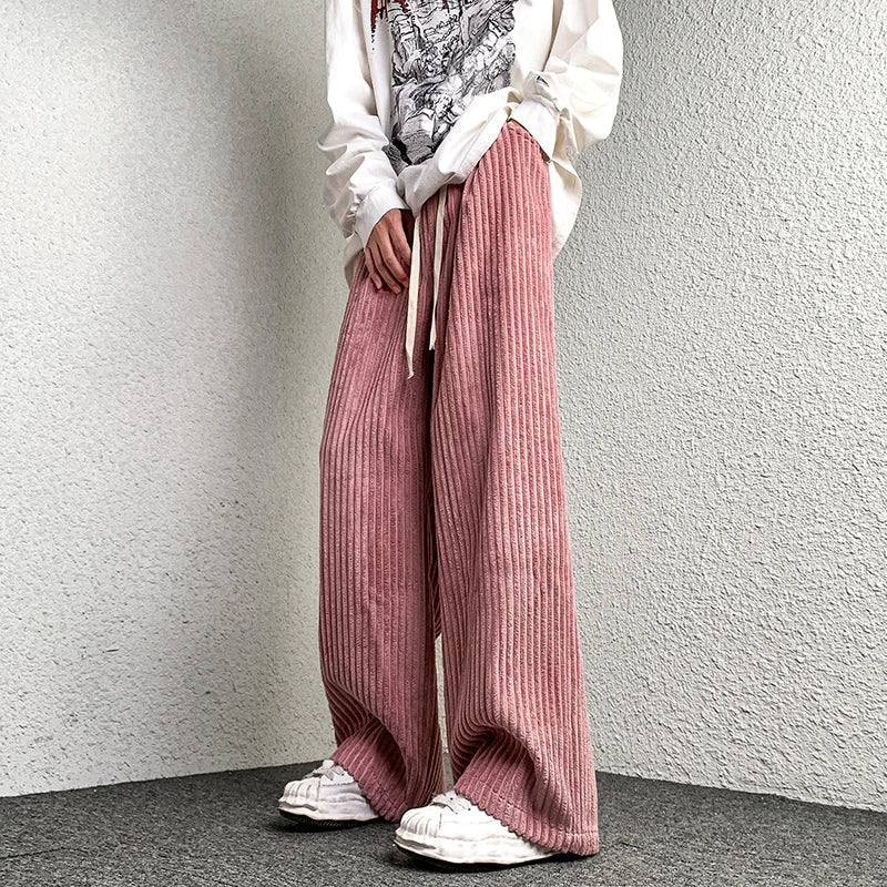 saferido Corduroy Pants Men's Straight Pants Solid Color Drawstring Unisex Wide Leg Oversized Trousers Casual Japanese Style Male Pants