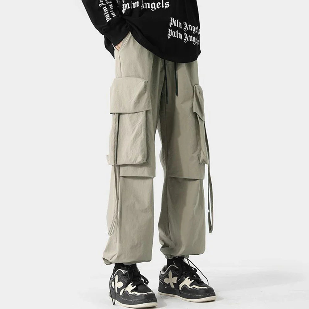 saferido Mens American Street Workwear Style Casual Wide-Leg Pants Genderless Autumn Winter Trendy Velvet Warm Pocket Trousers Unisex