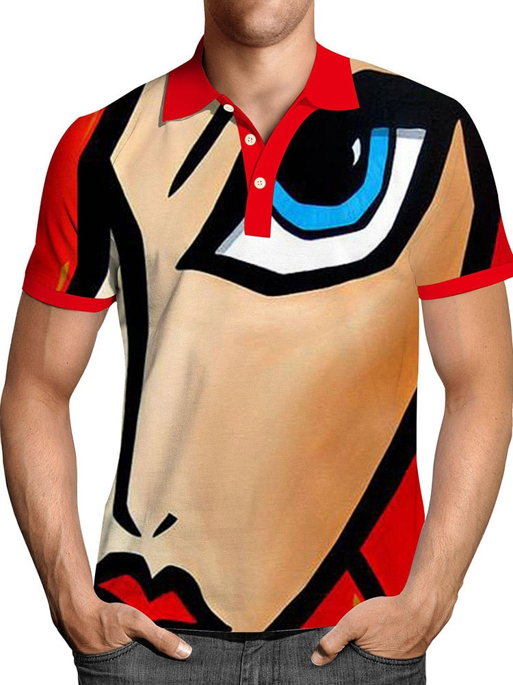 Pullover Tops Mens Fashion Turn-down Collar Button-up Polos Vintage Print Polo Shirt Men Summer Short Sleeve Casual shirts