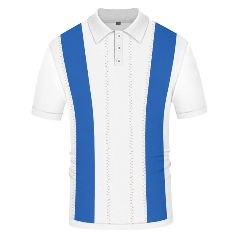 Men's Summer Casual Stripe Shirts Knitted Vintage British Breathable Patchwork Short Sleeve Jacquard Business Polo Shirt