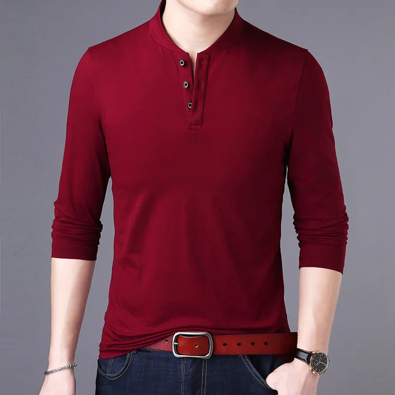 saferido New Spring Autumn Casual Men T Shirt Cotton Long Sleeve Stand Collar Tops Tees Mens Slim Fit Solid Color Tshirt Men Clothing