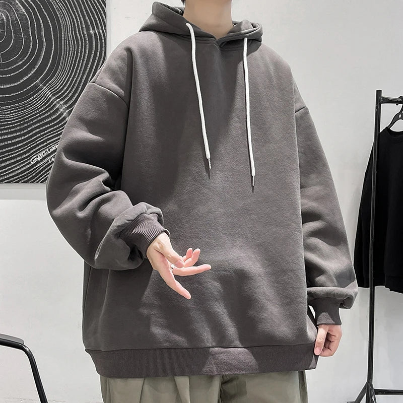 saferido Men's Multicolour Patternless Hooded Sweatshirt Korean Loose Large Size 5XL Casual Long Sleeve Top Simple Unisex Style T-Shirt