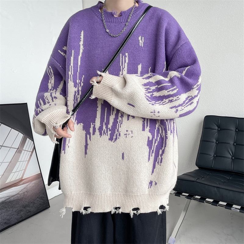Fashion Men's Sweaters Tie-dyed Contrast Graffiti Hip Hop Clothing Cut Broken Knit Pullovers Oversize Streetwear Jumper for Man