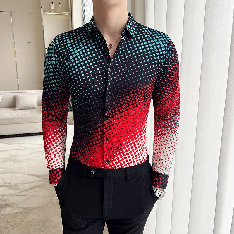 Men's Classic Geometric Print Shirt Spring Autumn Retro Casual Slim Fit Long Sleeve Shirts Men Party NightClub Shirts